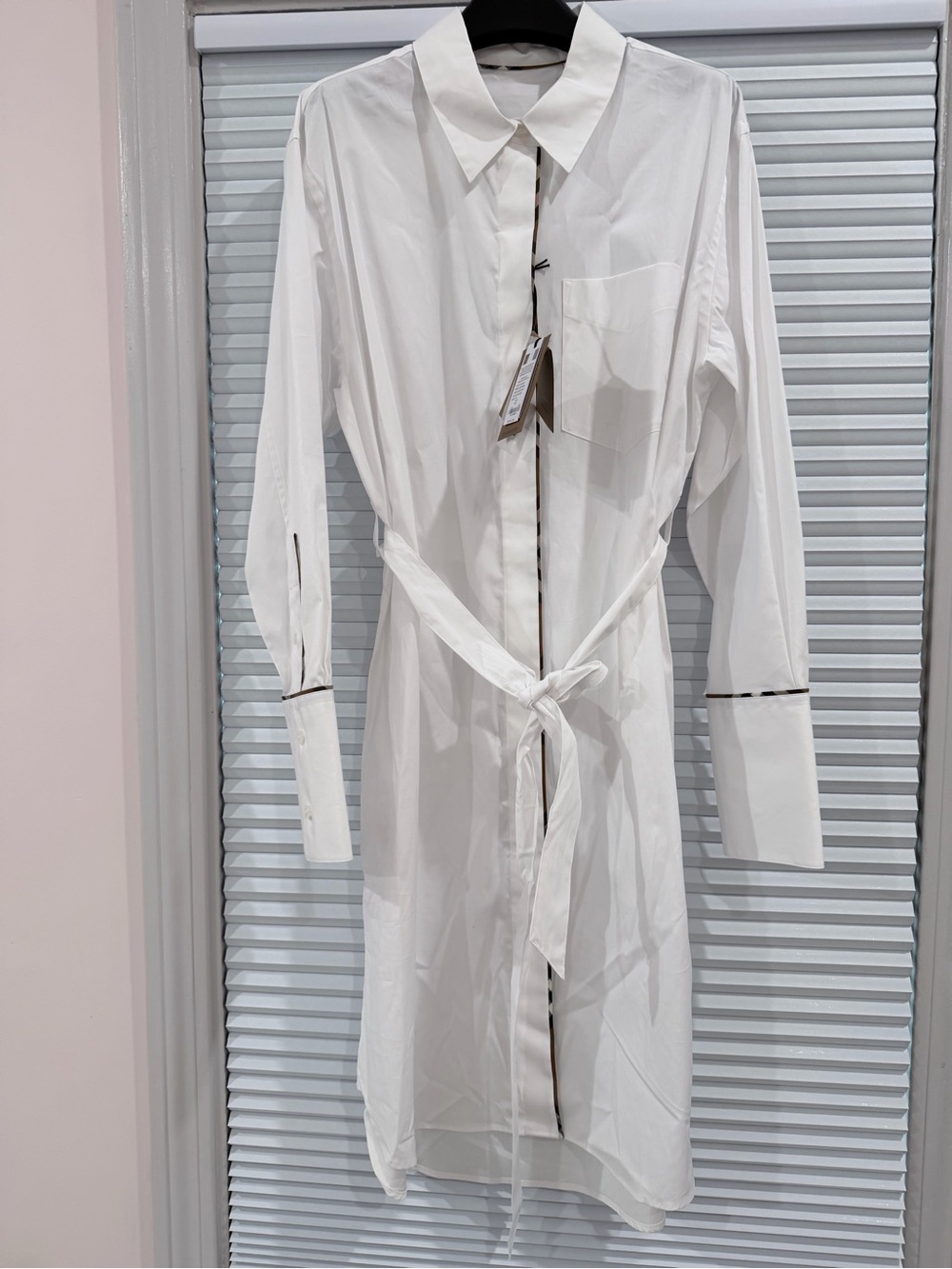 New Burberry Ivery Belted Mid-length Shirt Dress optic White Color